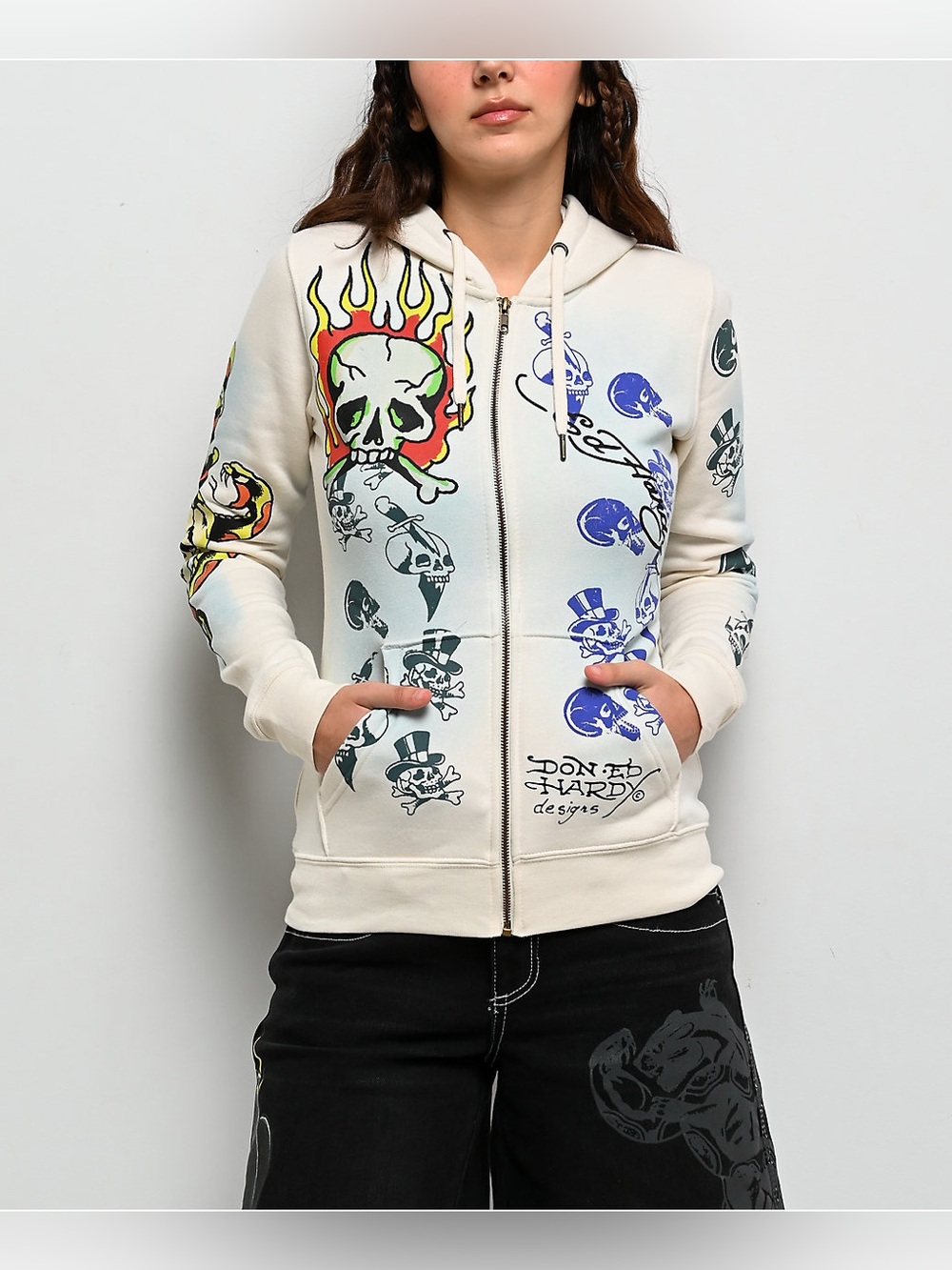 Ed Hardy Skulls Ivory Zip Hoodie Sz Medium